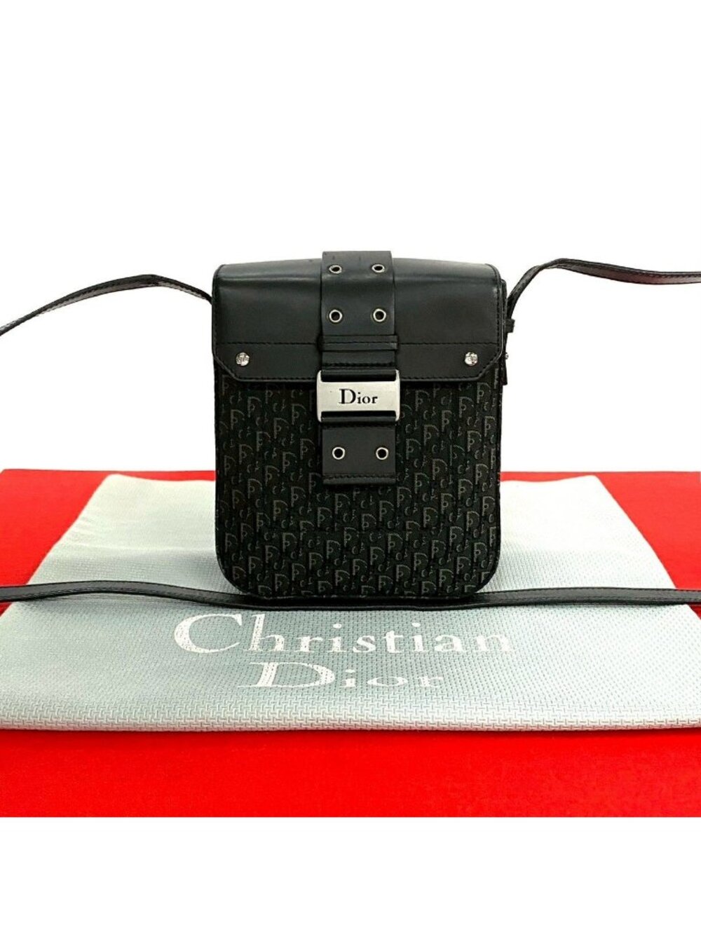 Dior Street Chic Trotter Pattern Logo Leather Shoulder Bag Black